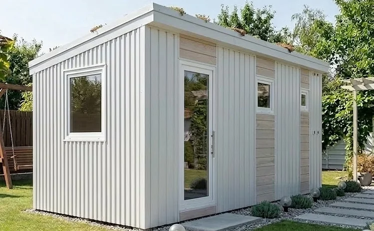 Фасад модульной бани Норд светлый с деревом