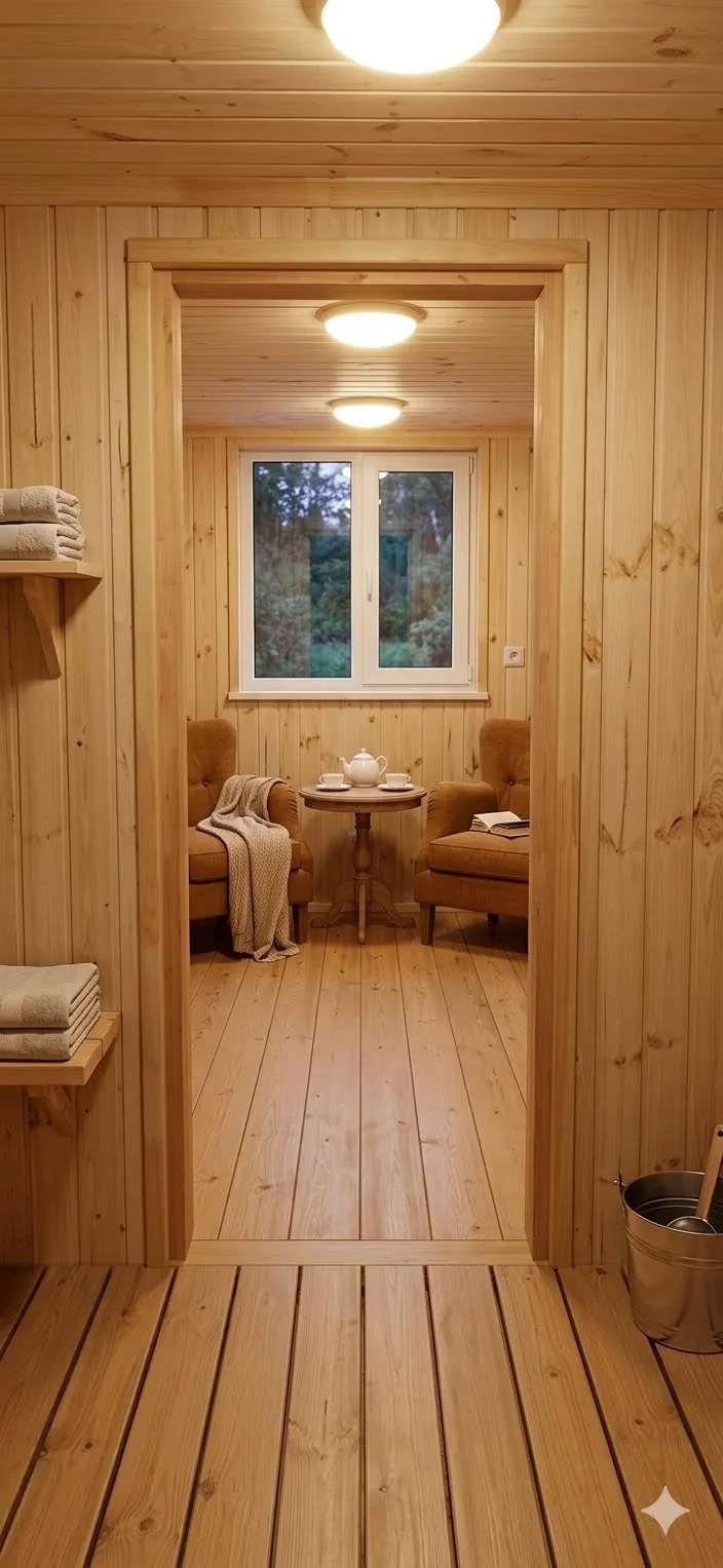 Комната отдыха внутри модульной бани