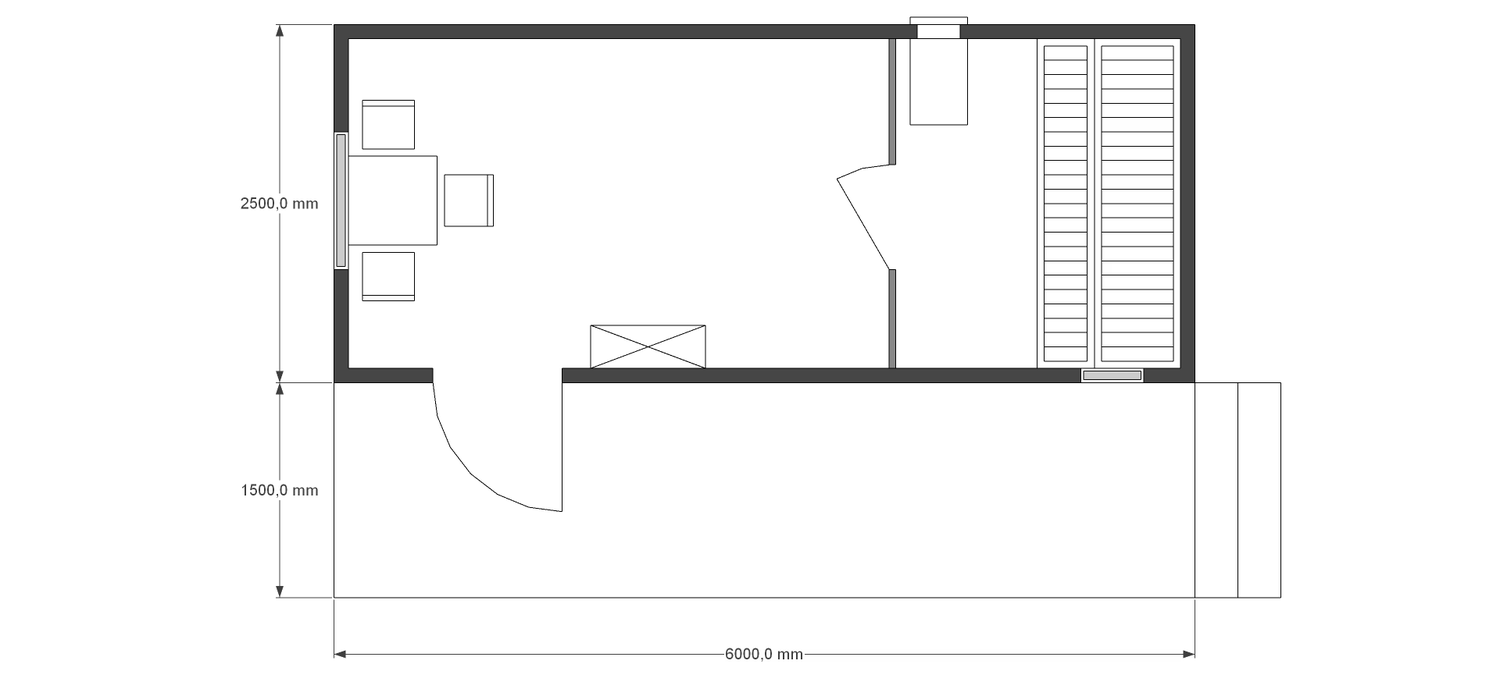 Планировка 6×2,5 с увеличенной комнатой отдыха